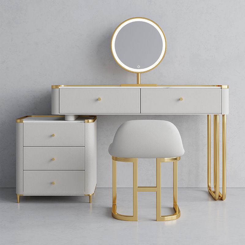 15.74" Wide Glass Vanity Desk with 5 Storage Drawers Cream Wood Vanity Set for Bedroom