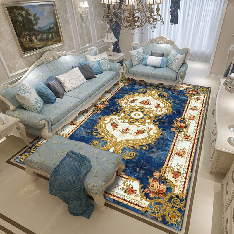 Classical European Style Rug Flower Print Polyester Carpet Anti-Slip Backing Rug for Home Decor