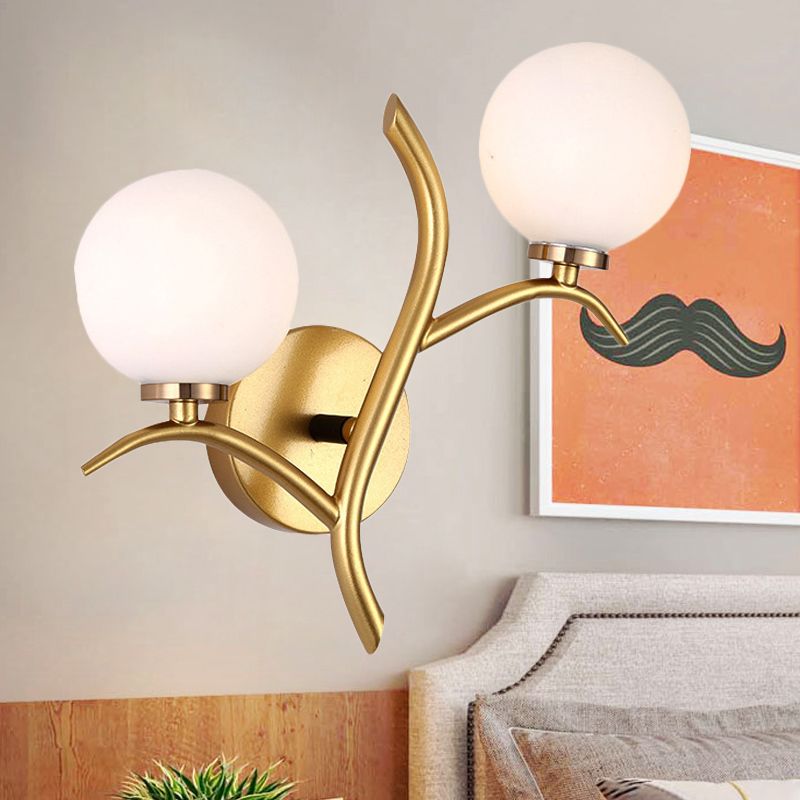 2 Bulbs White Glass Wall Sconce Modern Gold/Black Globe Dining Room Sconce Light with Branch-Shaped Arm