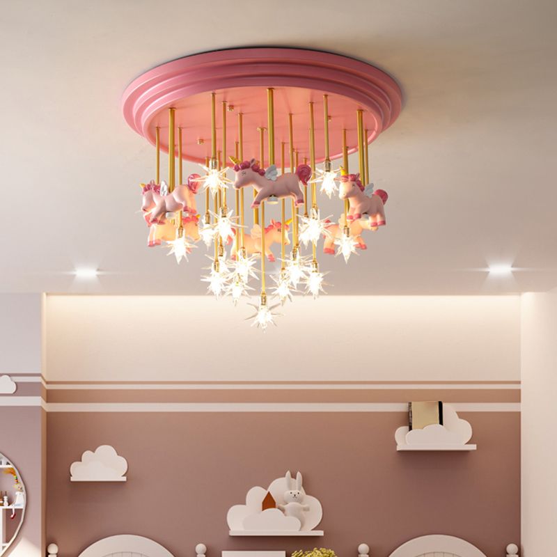 Childrens Star Shade Flush Mount Light Clear Glass Child Room LED Semi Flush Ceiling Light with Unicorn Decor