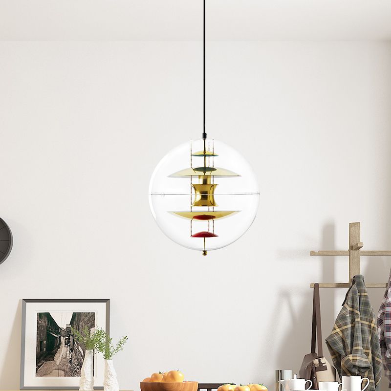 Clear Acrylic Ball Hanging Ceiling Light Modernist 1-Head Suspension Lamp with White/Gold/Silver Disc Deco Inside