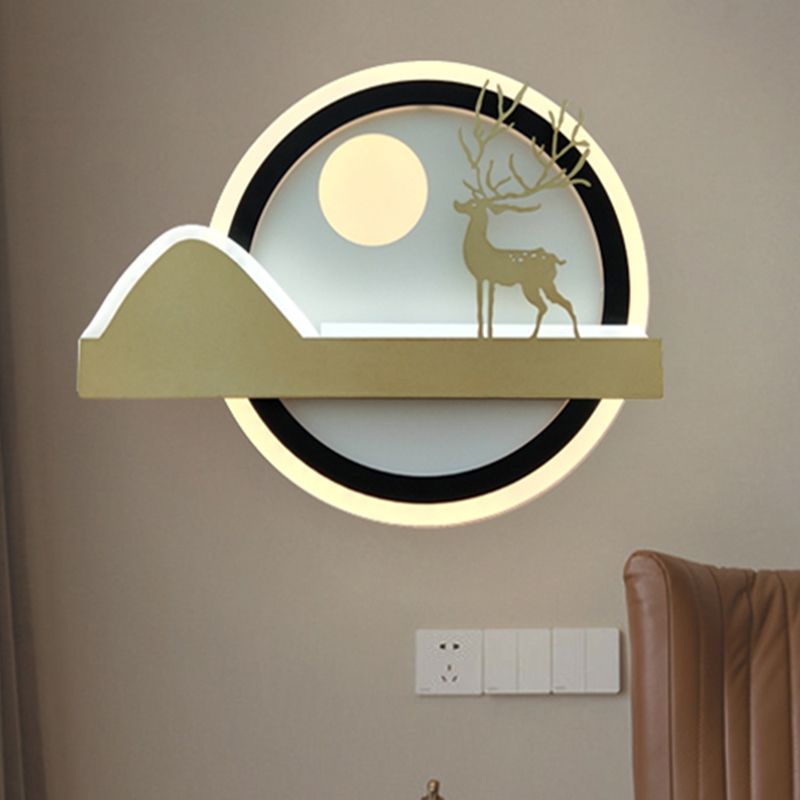 Acrylic Rounded Elk Deer Wall Lighting Idea Chinese Style LED Mural Lamp in Gold