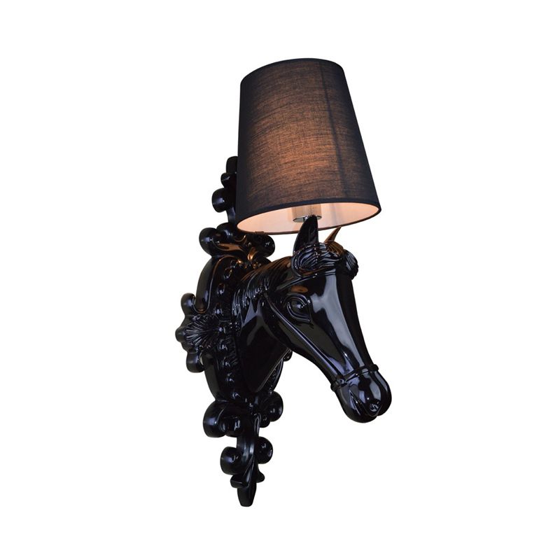 1 Bulb Horse Sconce Lamp Classic Black/White Resin Wall Mounted Light with Cone Fabric Shade