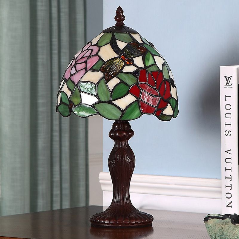 Marrón oscuro 1 bulbo nocturna luz victoriana de vidrio manchado y lámpara de mesa estampada con rosa