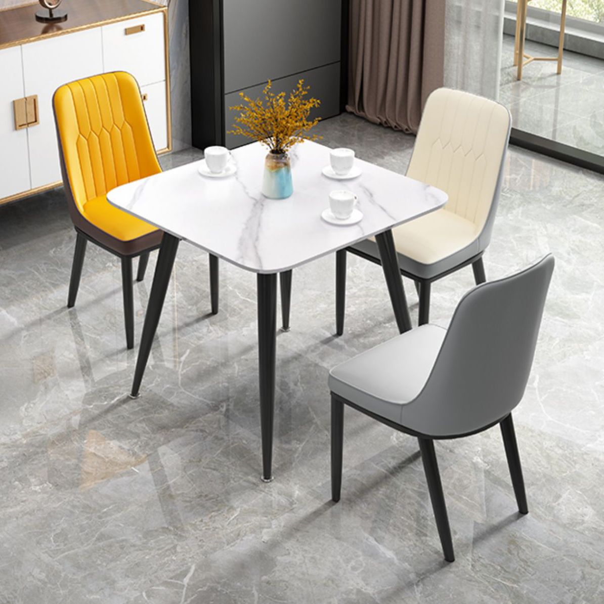 Square Sintered Stone White Dining Table Industrial 4 Legs Table for Dining Room