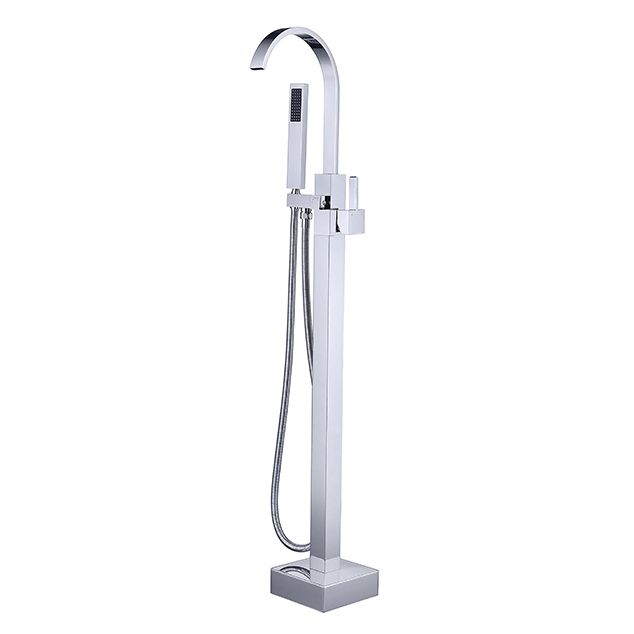Floor Mounted Copper Freestanding Tub Filler High Arc Freestanding Faucet with Hose