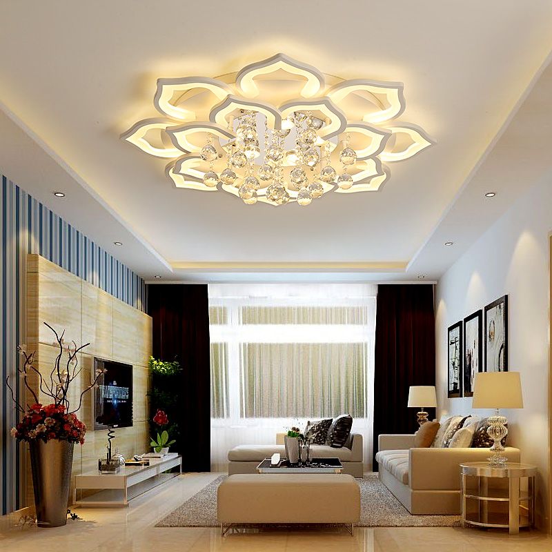 6/16/20 Lights Living Room Ceiling Light White Flush Mount Light Fixture in Warm/White Light with Floral Acrylic Shade and Crystal Drop