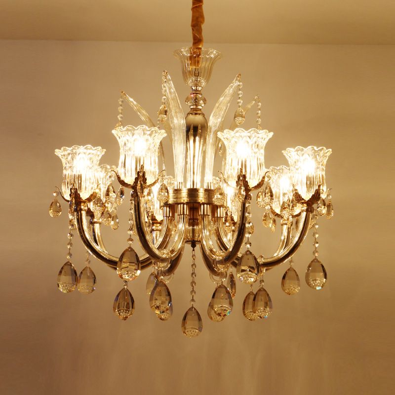 Bell Living Room Chandelier Lamp Traditional Crystal Drop 6/8 Lights Chrome Hanging Ceiling Light