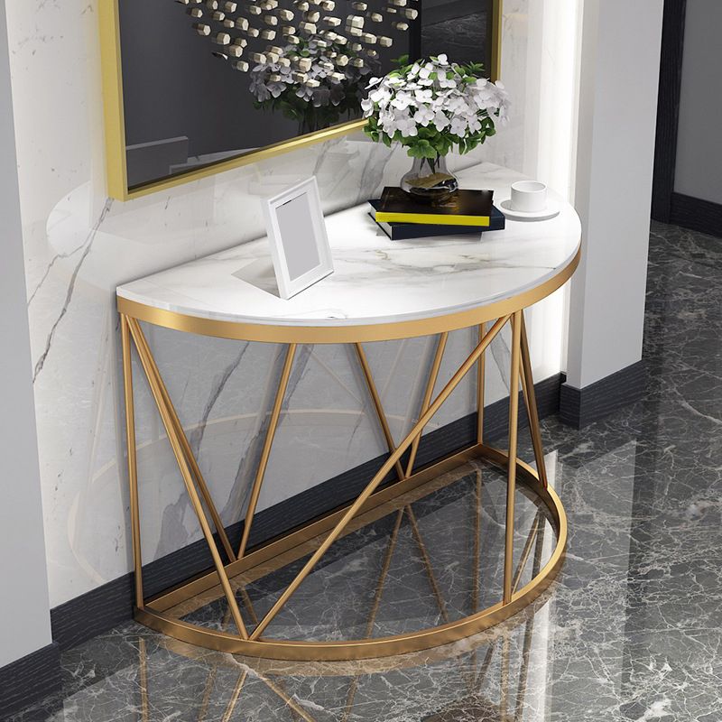 Contemporary Marble Console Sofa Table Half Moon Iron End Table for Hall