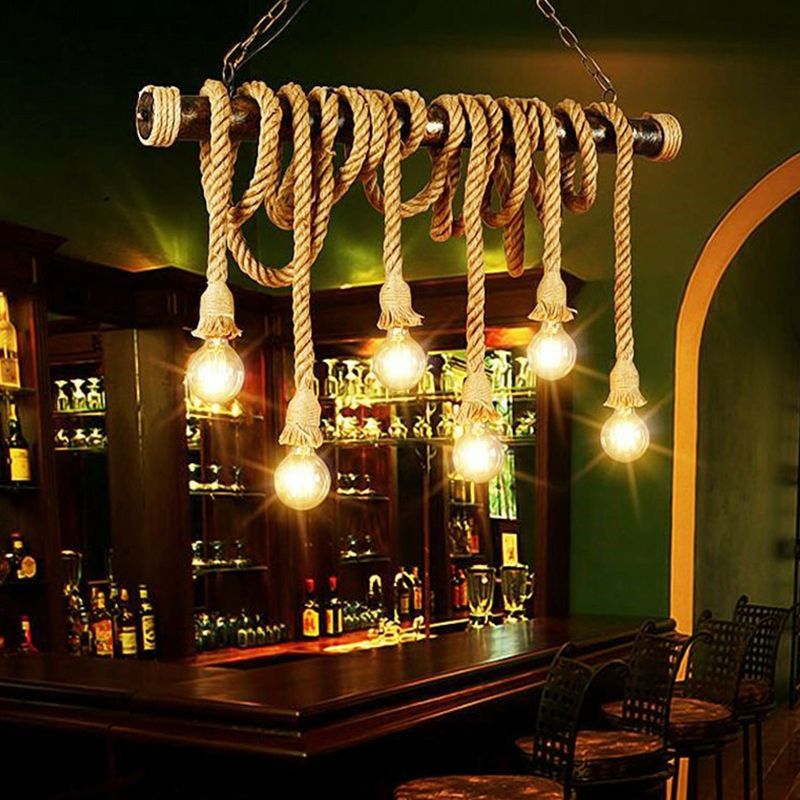4/6 Lights Jute Rope Island Pendant Farmhouse Brown Linear Wine Bar Hanging Ceiling Light