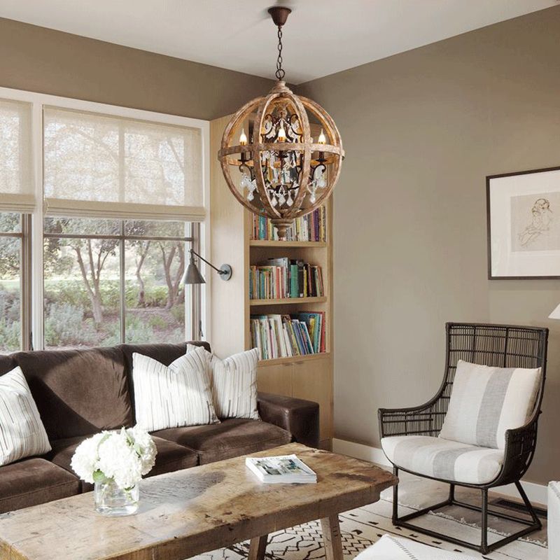 French Retro Chandelier Wood Crystal Pendant Light Fixture for Bedroom Living Room
