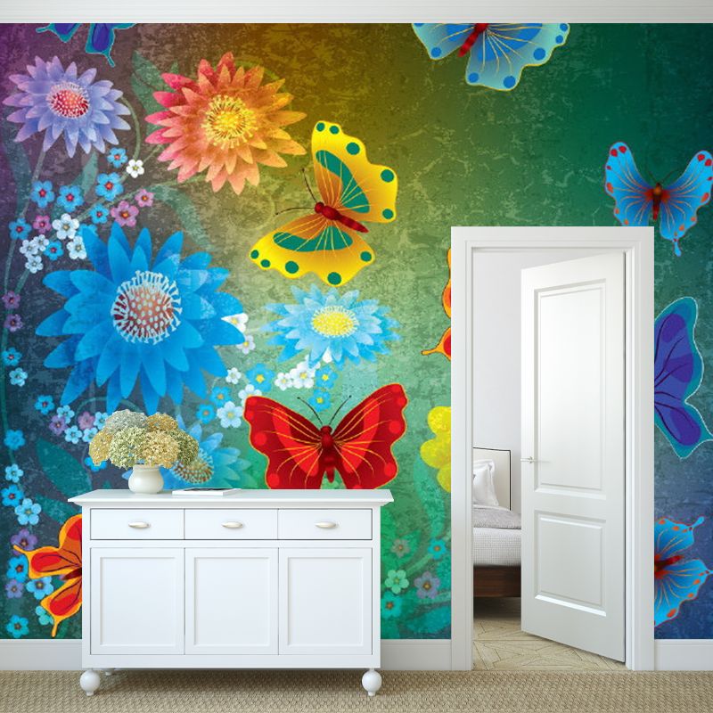 Colorful Butterfly and Florets Mural Moisture Resistant Childrens Art Bedroom Wall Covering