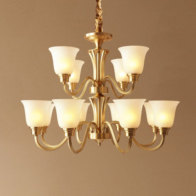 Traditional Flared Up Chandelier Semi-Opaque Glass Pendant Light Fixture in Brass