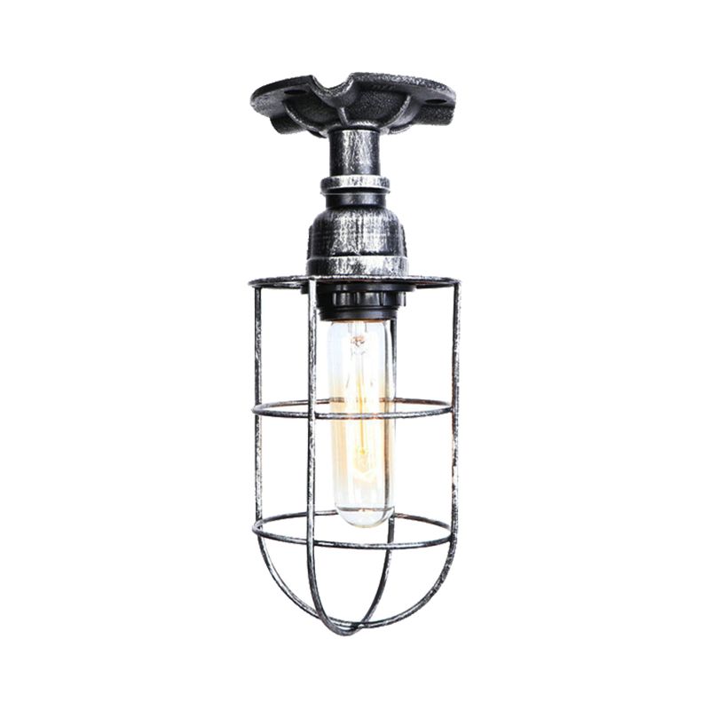 Black / Bronze 1 Bulb Semi-Flush Mount Light Vintage Metal Wire Guard Ceiling Mounted Light for Corridor