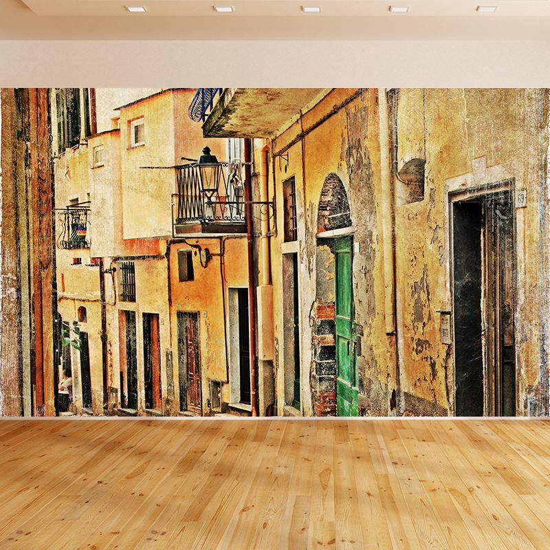 Tranquility Town Mural Wallpaper Yellow Contemporary Wall Covering for Living Room