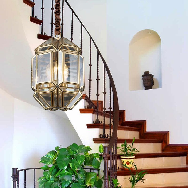 Brass Candle Chandelier Lamp Modernism Metal 3 Heads Hanging Light Fixture with Clear Glass Shade