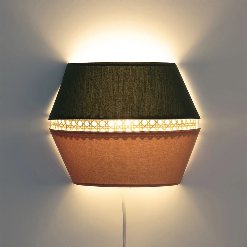 Green and Pink Cutout Sconce Minimalist 1 Head Fabric Wall Mounted Light with Rattan Detail for Bedroom