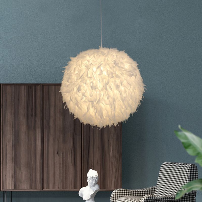 Modern Style Pendant Lighting Fixture White Globe Hanging Lamp with Feather Shade