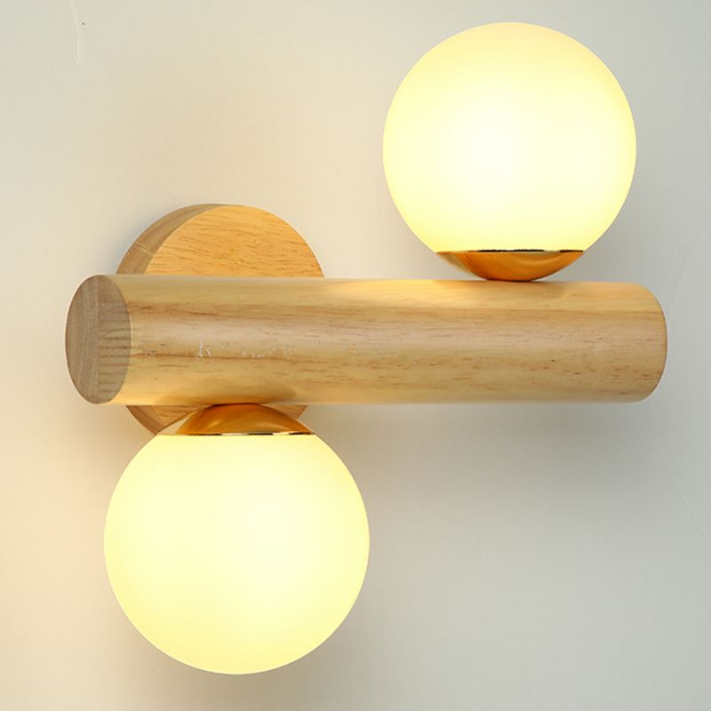 Iluminación de pared de madera de 2 luces lámpara de pared de globo moderna con sombra de vidrio