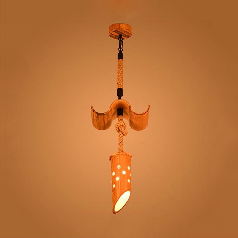 1 luce a pendente a corda di corda a sospensione flagato di bambù appeso a soffitto in marrone con design a vuoto