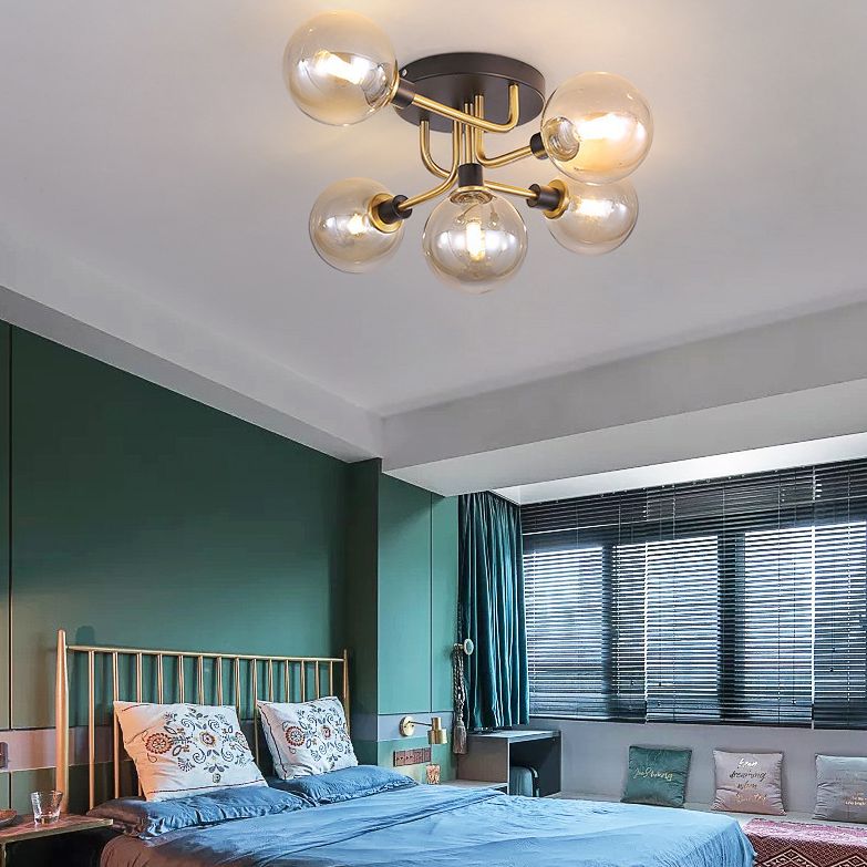 Luz de techo de globo de vidrio transparente de 5 luces Fixtura de iluminación de estilo posmoderno para dormitorio