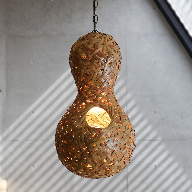 1 Bulb Restaurant Ceiling Lamp Asia Beige Pendant Light Fixture with Gourd Bamboo Shade