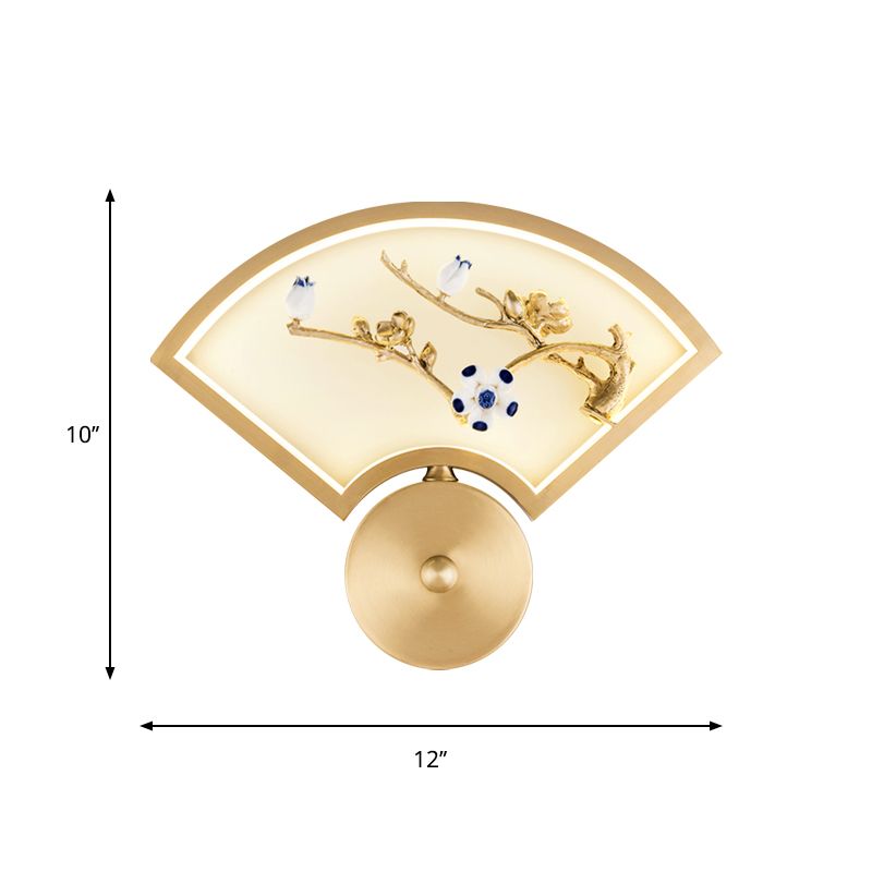 Fan Metal Branch Wall Mural Lamp Chinese Style LED Gold Wall Mounted Lighting for Corridor