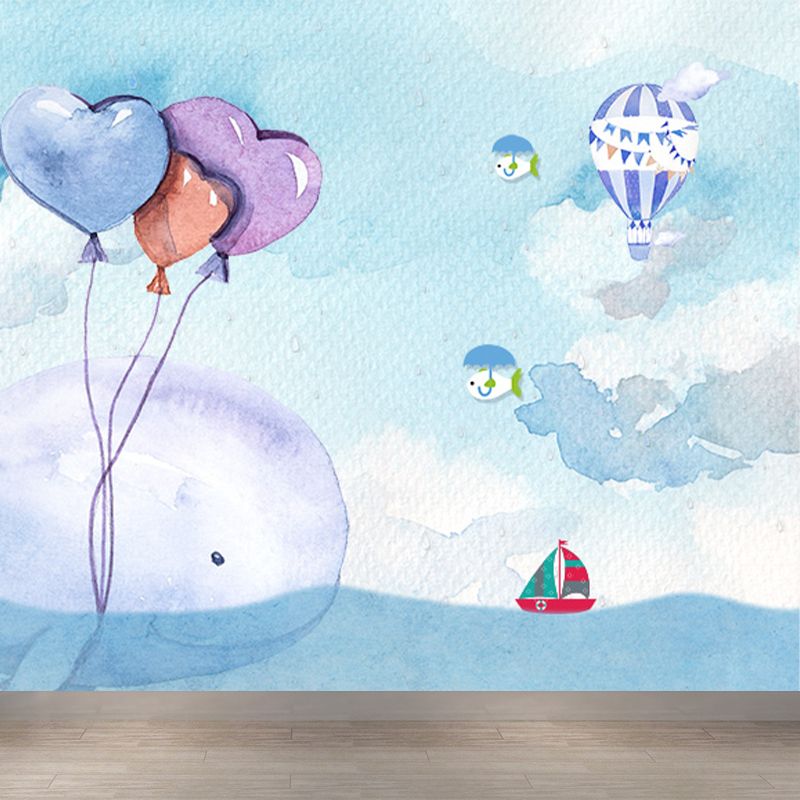 Whale and Sea Mural Decal Pastel Color Children's Art Wall Covering for Kids Room