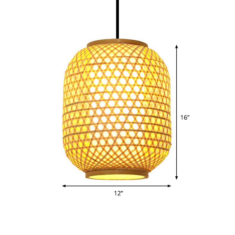 16“/19.5” Height Asia Lantern Hanging Pendant Bamboo 1 Light Dining Room Ceiling Light in Beige