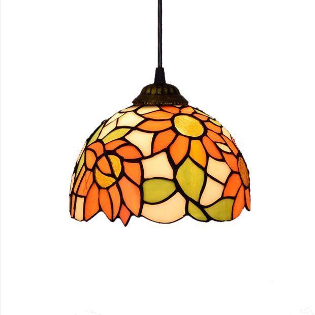 Tiffany-Style Hemisphere Pendant Lamp 1 Bulb Red/Orange/Orange-Green Stained Art Glass Ceiling Hanging Light