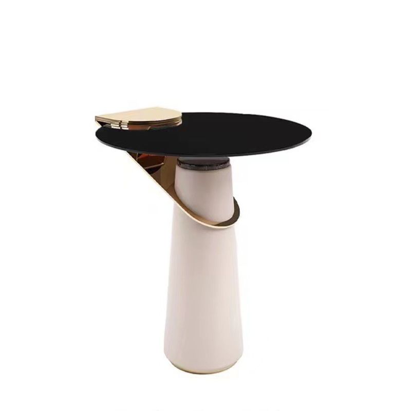 Round Glass Top Side Table 23.62" Tall Leather Pedestal End Table