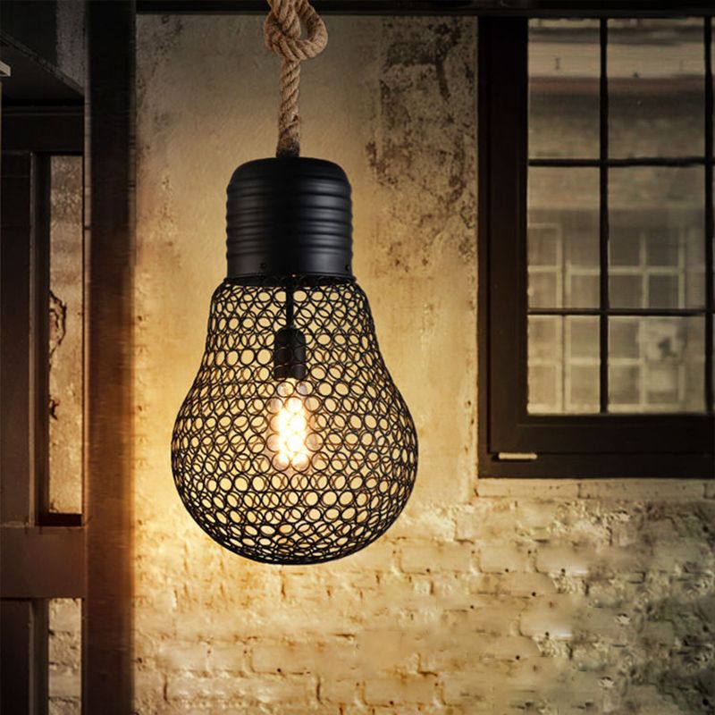 6"/11" Wide Metal Mesh Bulb Cage Ceiling Light Loft Style 1 Head Restaurant Suspension Pendant in Black