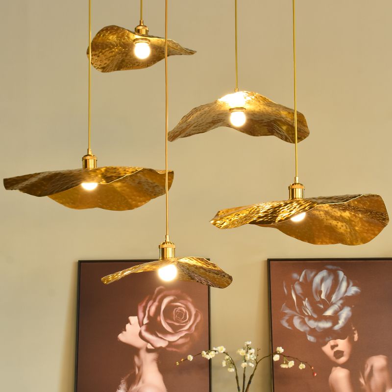 Golden Bronze 1 Light Lotus Leaf Shaped Ceiling Pendant Mid-Century Metal Hanging Lamp for Restaurant