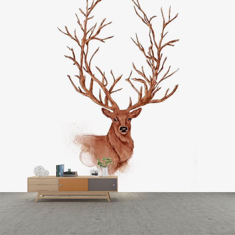 Non-Woven Waterproof Mural Nordic Style Deer Patterned Wall Covering in Brown for Home
