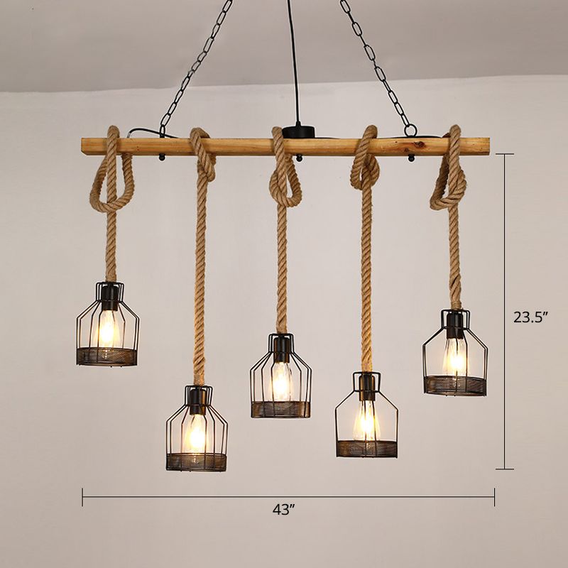 Wooden Linear Island Lamp Rustic Restaurant Suspension Pendant Light with Mesh Cage