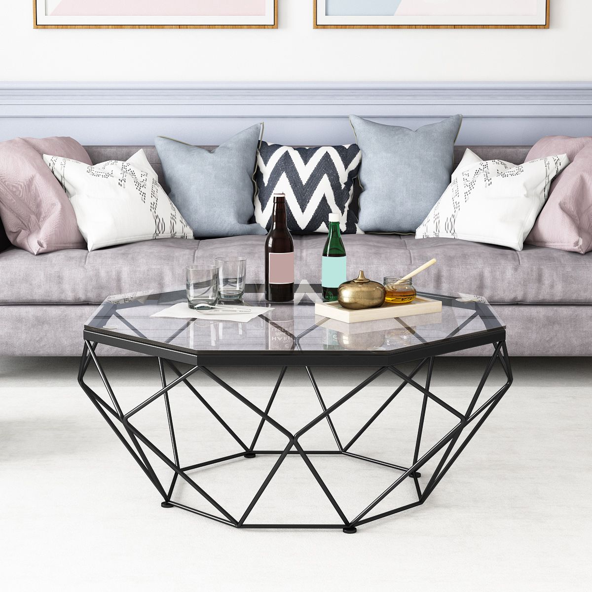 Glass Coffee Table 17.72" H Frame Cocktail Table for Living Room
