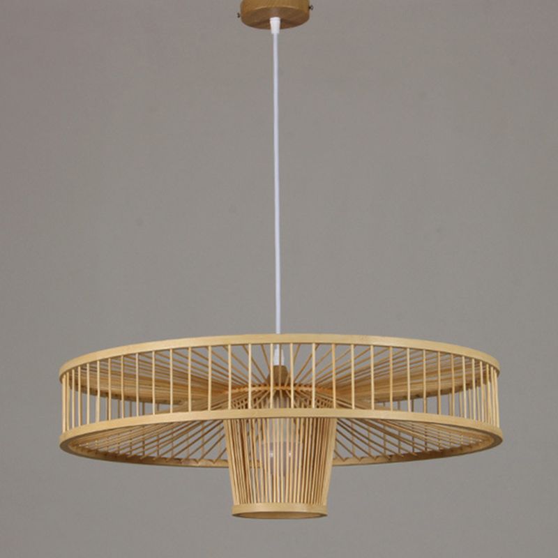Asian Style Bamboo Weaving Suspension Light Single Bulb Creative Hanging Lighting Fixture in Beige