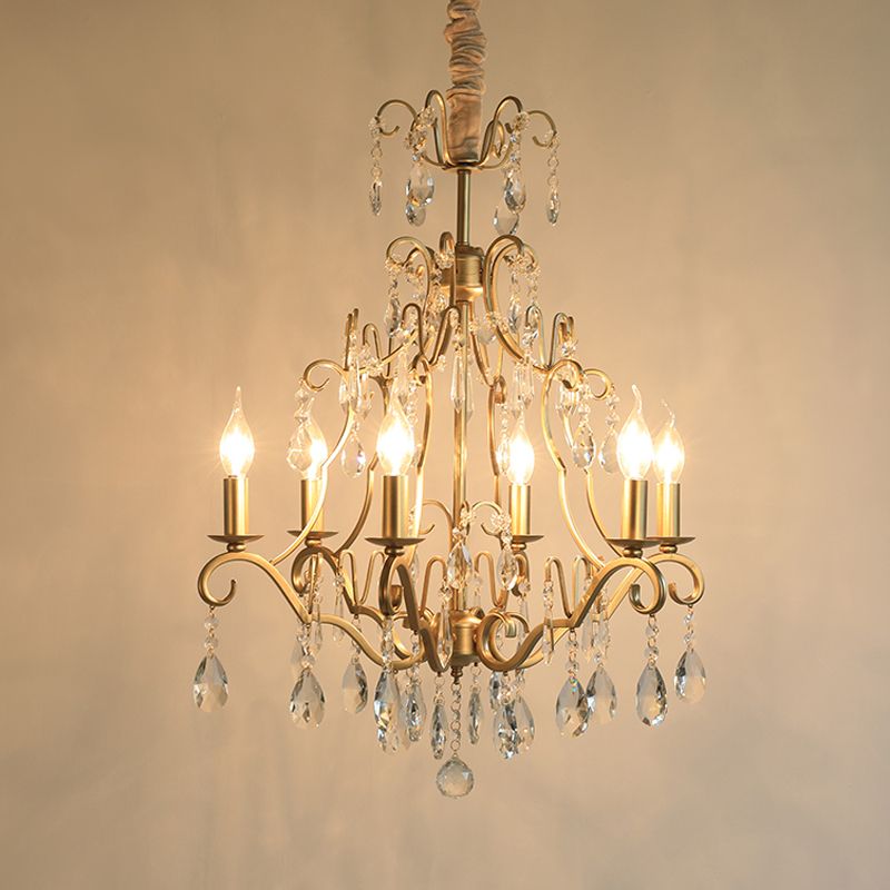 6 Lights Chandelier Lamp Lodge Curvy Arm Crystal Pendant Light Fixture in Gold for Bedroom