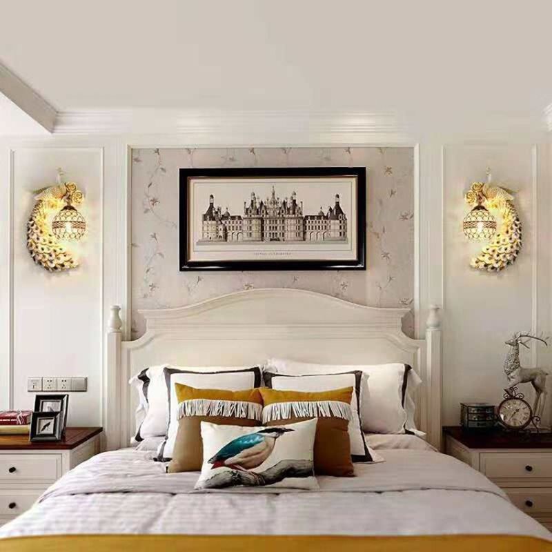 1-Light Wall Light Fixture Classic Crystal Spherical Wall Lamp with Resin Peacock Backplate