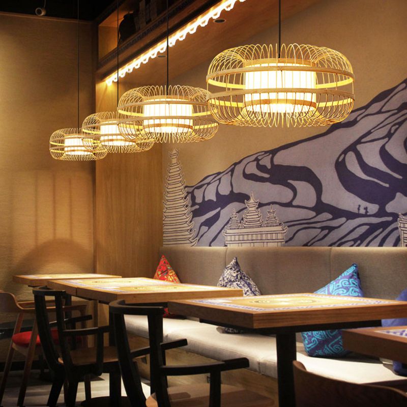 Beige 1-Light Japanese Hanging Lamp Kit Lantern Silk Pendant for Dining Room