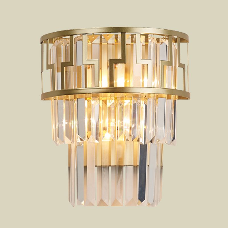 Tiered Bedside Flush Wall Sconce Rectangle-Cut Crystal 2 Lights Modern Wall Lamp in Gold