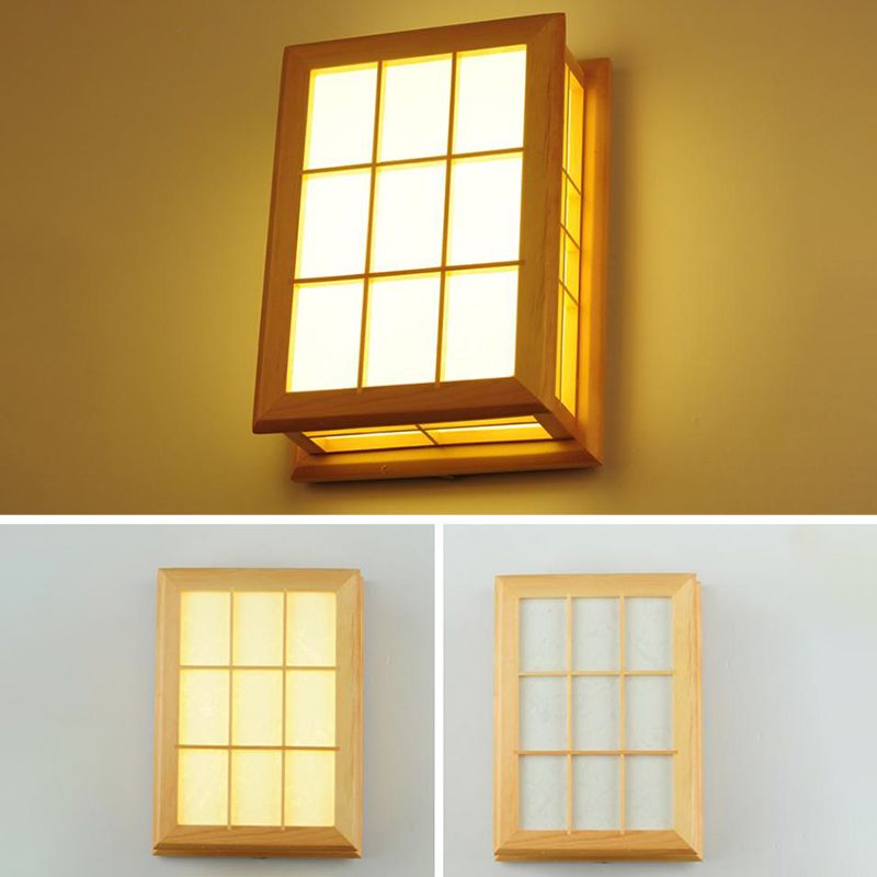 Square Shape Wooden Wall Sconce 1-Light Simple Wall Mount Lamp for Living Room