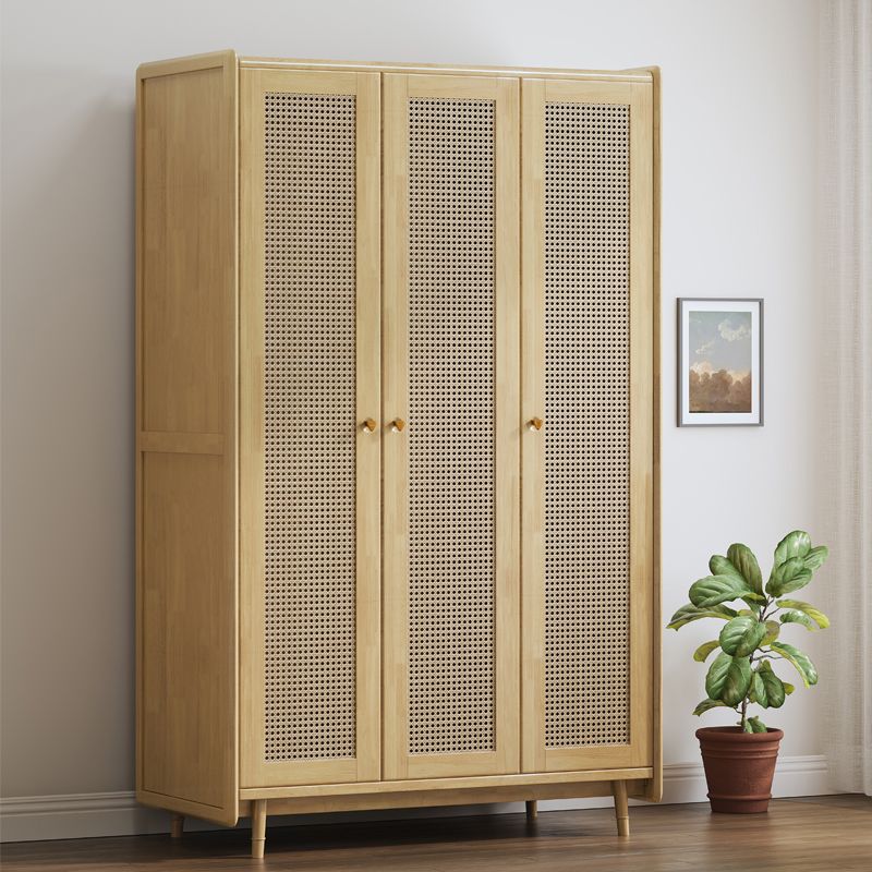 Rubberwood Solid Wood Frame Wardrobe Modern Rattan Hinged Doors with Legs