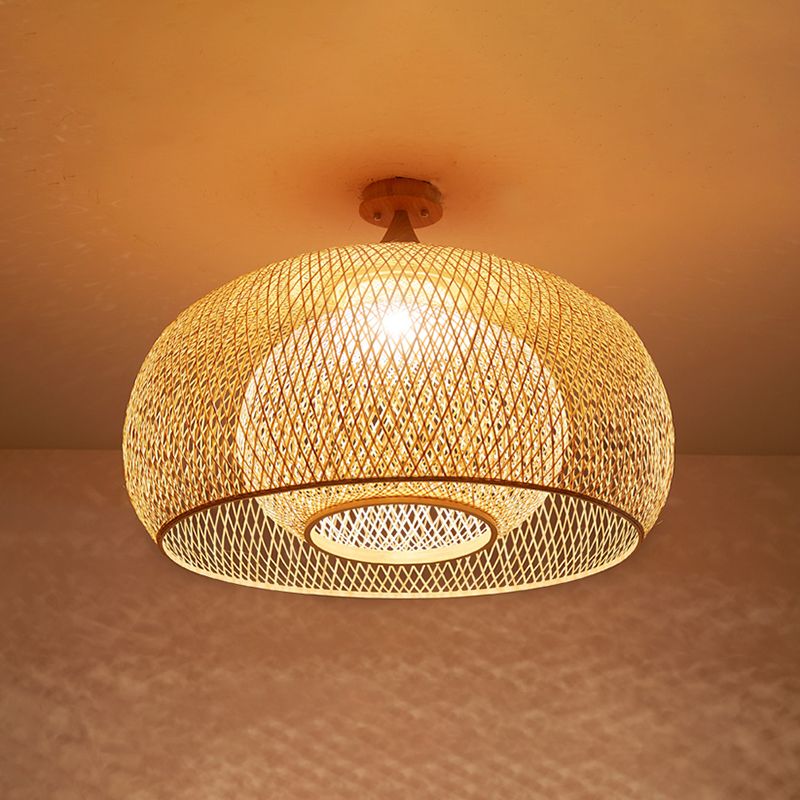 Criss-Cross geweven bamboe plafondlamp Aziatische 1-bulb houten vlakke montage verlichtingsarmatuur voor slaapkamer