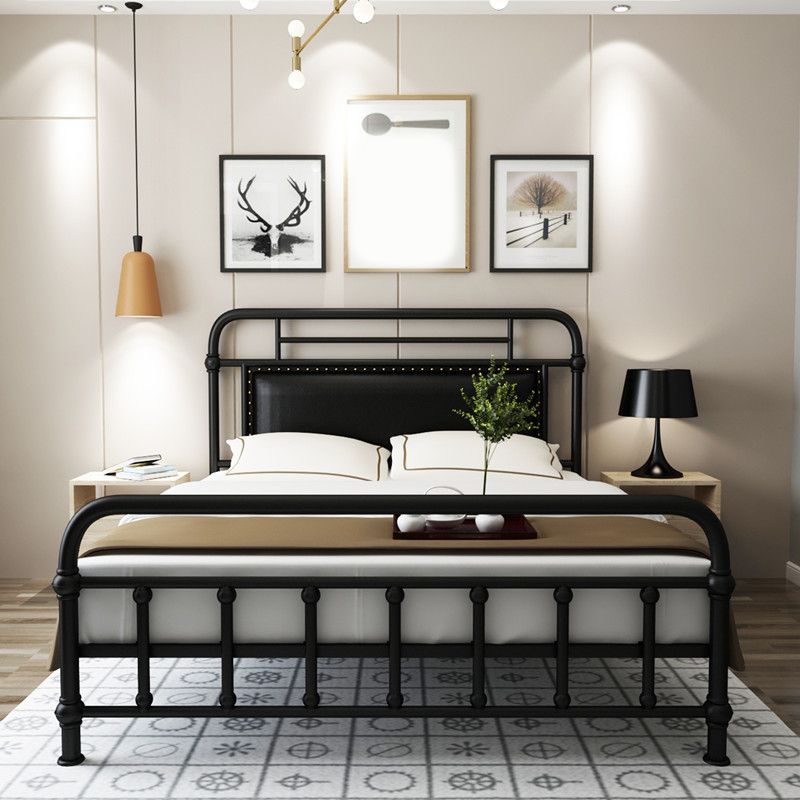 Industrial Metal Open-Frame Standard Bed, Rectangular Headboard Bed