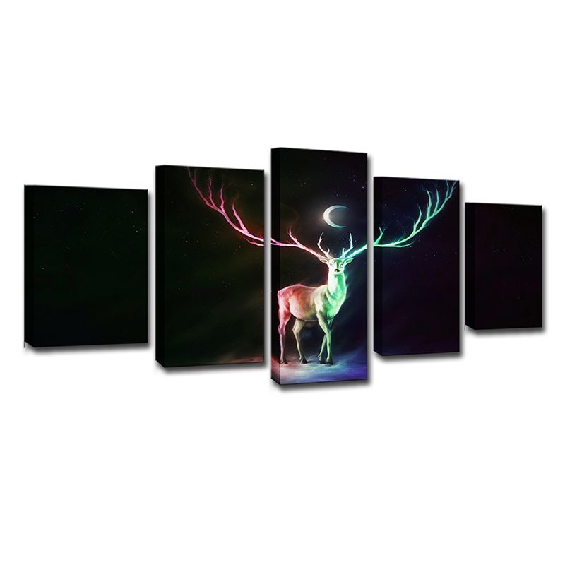 Cartoon Elk and Crescent Canvas Print Green Child Bedroom Wall Art Decor, Multi-Piece