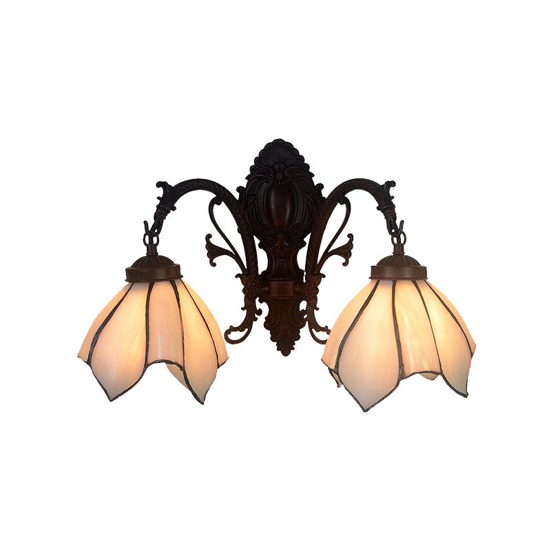White/Pink Glass Copper Wall Light Sconce Lotus 2 Bulbs Victorian Wall Mount Lamp with Curved Arm