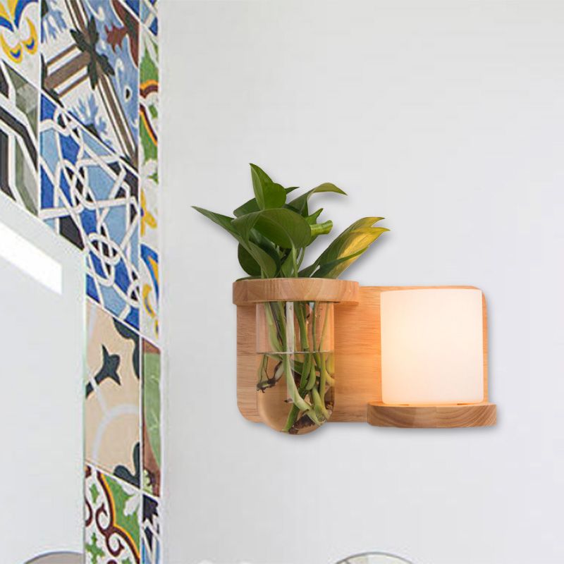 1 Head Barrel/Globe Wall Sconce Industrial Wood Opal Glass LED Wall Light Fixture for Living Room, Left/Right