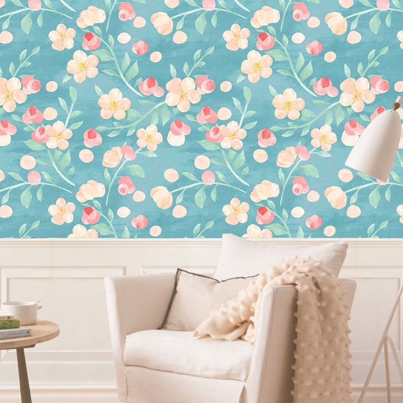 Blue Flower Branch Adhesive Wallpapers Easy Peel Off Wall Covering for Kitchen, 34.2-sq ft