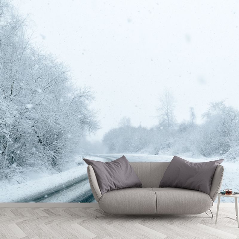 Large Road Curve Scene Mural for Bedroom Snow Forest Wall Decor in White, Washable